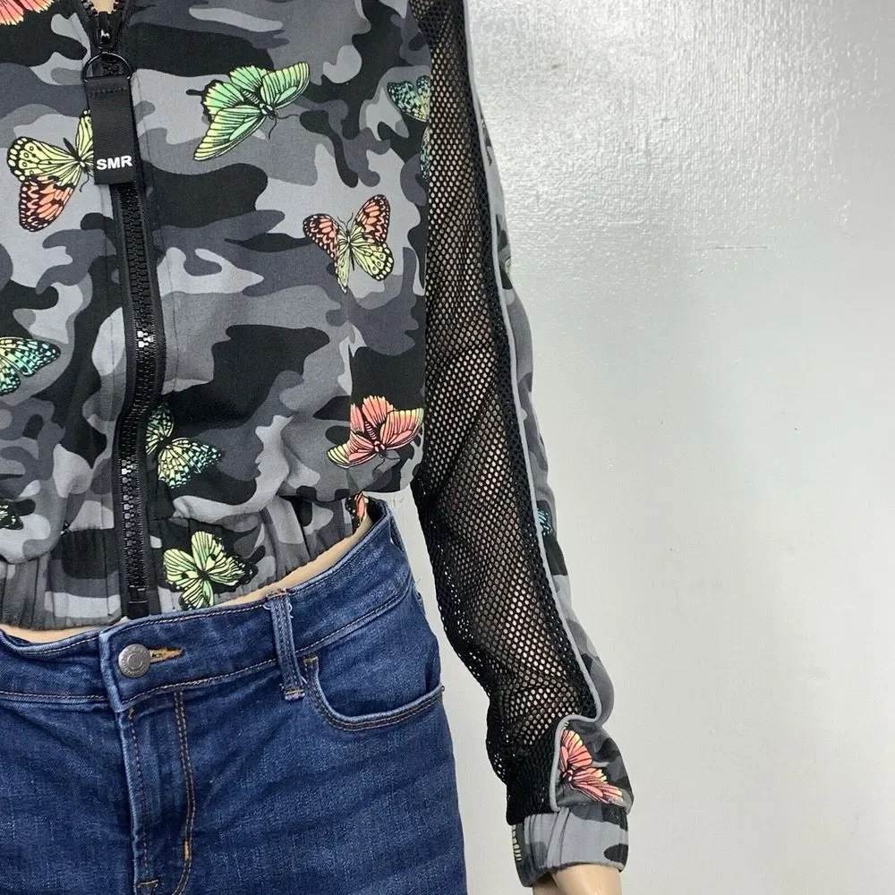 Sommer Ray Hoodie Womens Small Gray Camo & Butterflies Full Zipper Net Sleeves - Picture 2 of 13